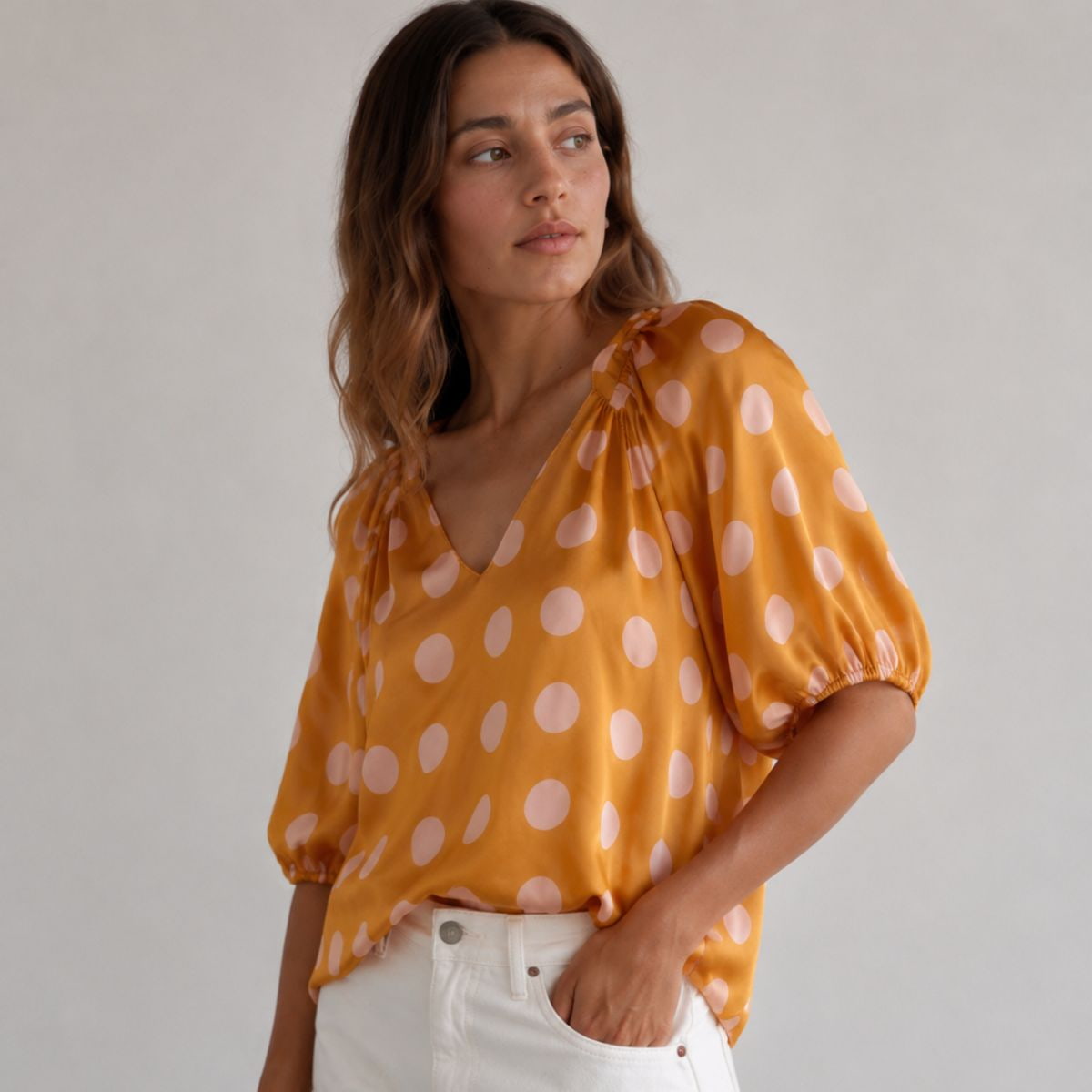 Orange Polkadot Balloon Sleeve Top
